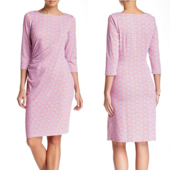 J. McLaughlin Catalina Cloth Sage Ruched Dress Long Sleeve Printed Preppy Office - Picture 2 of 8